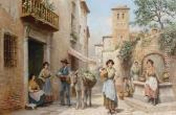 Figures By An Italian Fountain Oil Painting by Arthur Trevor Haddon