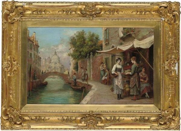 Fruit Sellers On A Venetian Backwater, Santa Maria Della Salutebeyond Oil Painting by Arthur Trevor Haddon