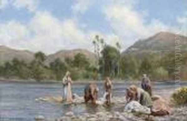 Women Washing Clothes On A River Bank Oil Painting by Arthur Trevor Haddon