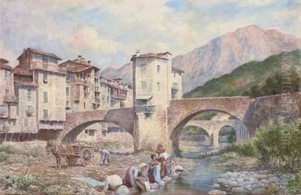 Washerwomen On The River Onya, Gerona, Spain Oil Painting by Arthur Trevor Haddon