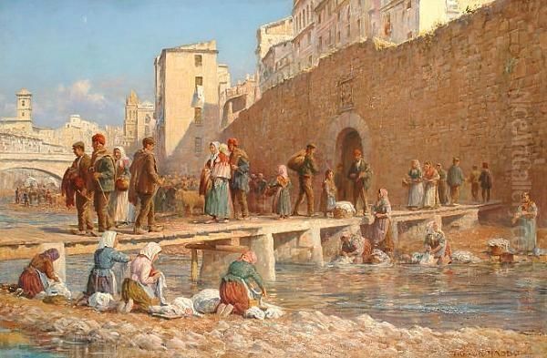 A Foot Bridge Near Gerona Oil Painting by Arthur Trevor Haddon