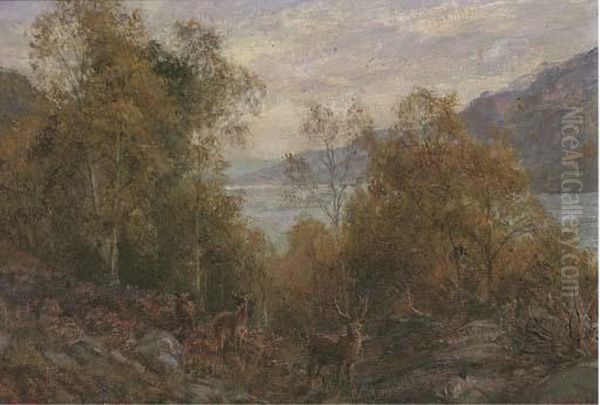 A Stag And Hinds In A Loch Landscape Oil Painting by Arthur Trevor Haddon