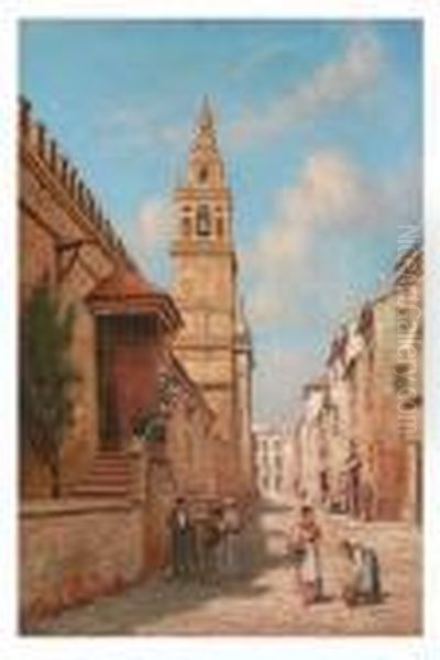 Spanish Street Scene With Figures And Donkey Oil Painting by Arthur Trevor Haddon