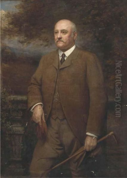 Portrait Of A Gentleman, 
Standing Three-quarter-length, In A Browntweed Suit, Holding A Crop, Cap
 And Gloves, A Landscapebeyond Oil Painting by Arthur Trevor Haddon