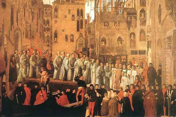 Miracle of the Relic of the Holy Cross in Campo San Lio c 1494 Oil Painting by Giovanni Mansueti