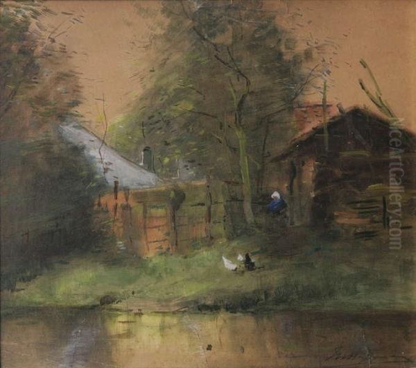 Hoeve Met Vrouwtje, Kippen Voederend Oil Painting by Maurice Hagemans