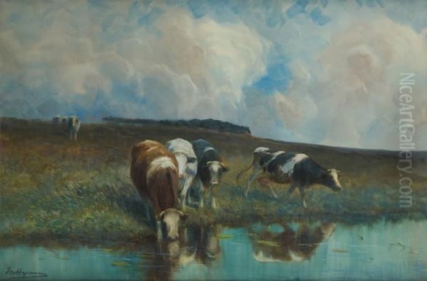 Vaches S'abreuvant Oil Painting by Maurice Hagemans