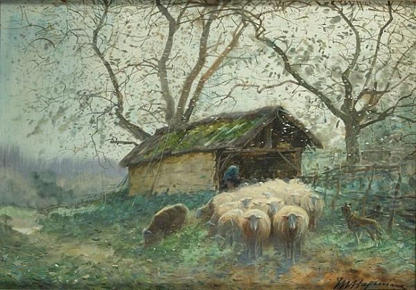 Berger Et Son Troupeau De Moutons Oil Painting by Maurice Hagemans