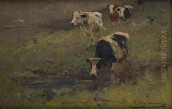 Vaches Au Bord Du Cours D'eau Oil Painting by Maurice Hagemans