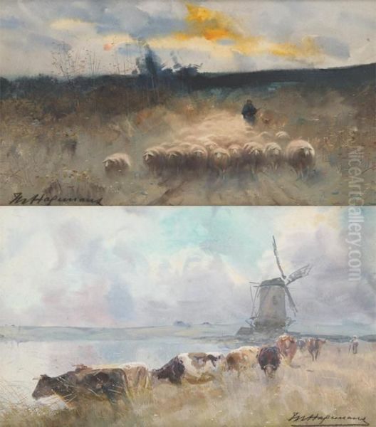 Troupeau De Vaches Et De Moutons Au Lever Et Coucher Du Soleil. Oil Painting by Maurice Hagemans