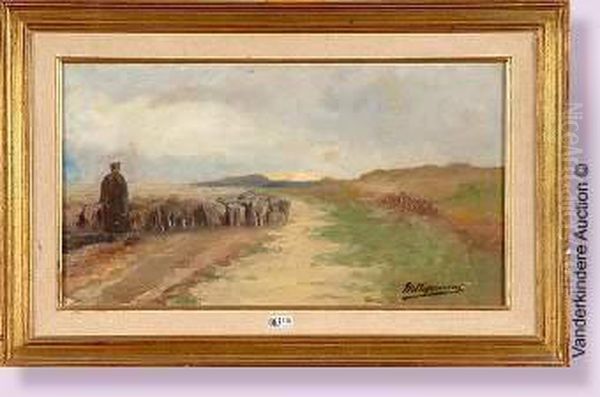 Berger Et Son Troupeau Sur Un Chemin De Campagne Oil Painting by Maurice Hagemans