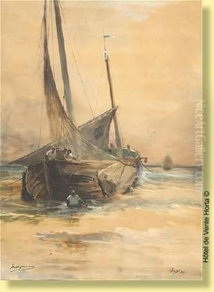 Bateau De Peche A Heyst En 1890 Oil Painting by Maurice Hagemans