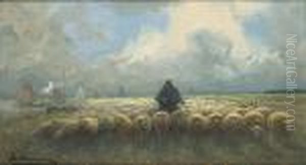 Berger Avec Ses Moutons Oil Painting by Maurice Hagemans