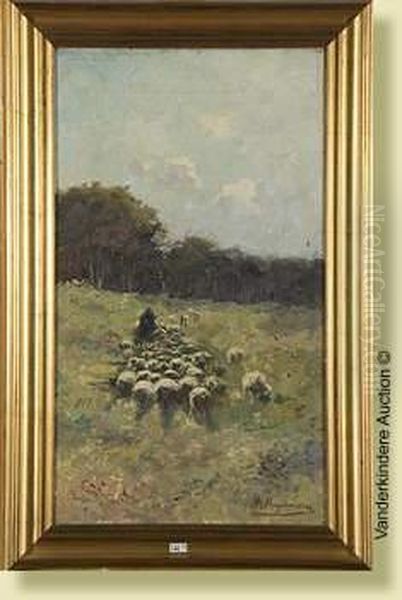 Berger Et Son Troupeau Dans La Clairiere Oil Painting by Maurice Hagemans