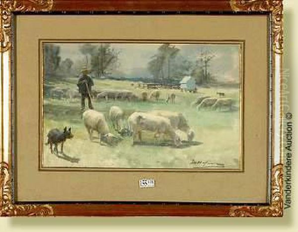 Bergeret Son Troupeau, Aquarelle
 Sur Papier. Signee En Bas A Droite M.hagemans. Ecole Belge. Dim.: 22x34
 Cm Oil Painting by Maurice Hagemans