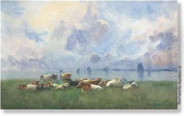 Cows In The Meadow Near The Water Oil Painting by Maurice Hagemans