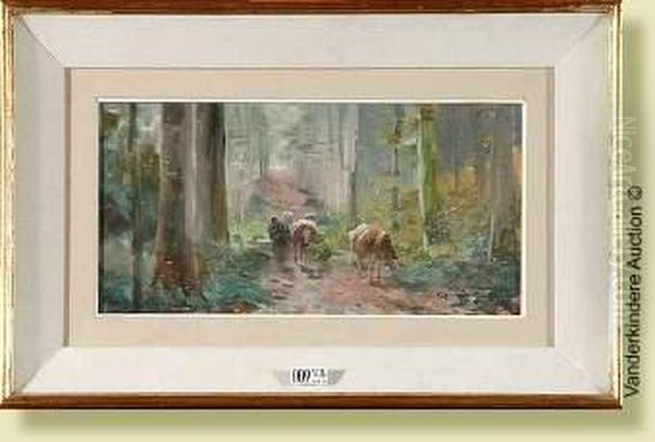 Vachere Et Son Troupeau En Foret, Aquarelle Surpapier Oil Painting by Maurice Hagemans