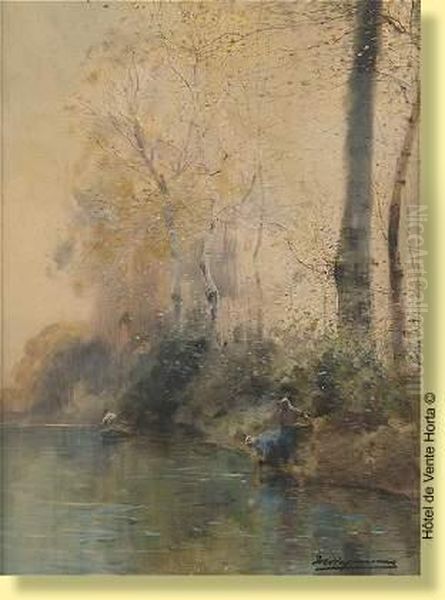 Lavandieres Au Bord De L'eau Oil Painting by Maurice Hagemans