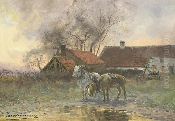 Work Horses By A Farm; A Shepherd And His Flock (a Pair) Oil Painting by Maurice Hagemans