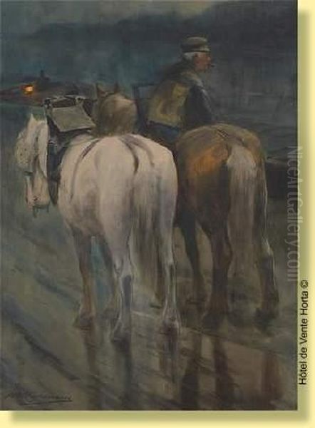 Haleur Et Ses Chevaux Pres De La Peniche Oil Painting by Maurice Hagemans