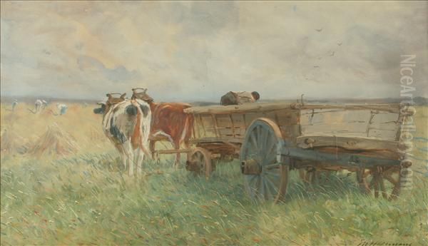 Oxenpulling A Cart Oil Painting by Maurice Hagemans