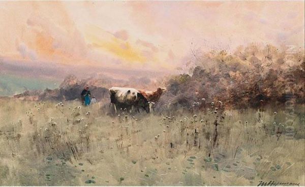 A Peasant Woman With Her Cattle In An Evening Landscape Oil Painting by Maurice Hagemans