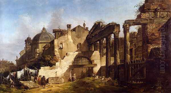 Washerwomen And Gentlemen Among Classical Ruins, A Church Beyond Oil Painting by Giovanni Migliara