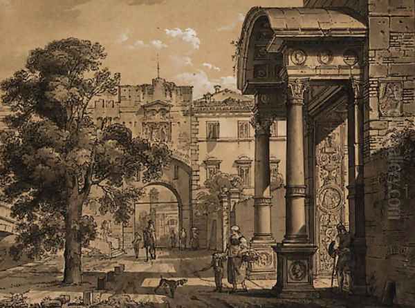 A capriccio view of a city in the Veneto Design for the stage Oil Painting by Giovanni Migliara