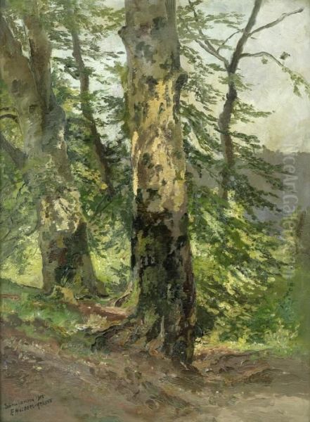 Zwei Baume In Waldiger Landschaft Oil Painting by Fritz Halberg-Krauss