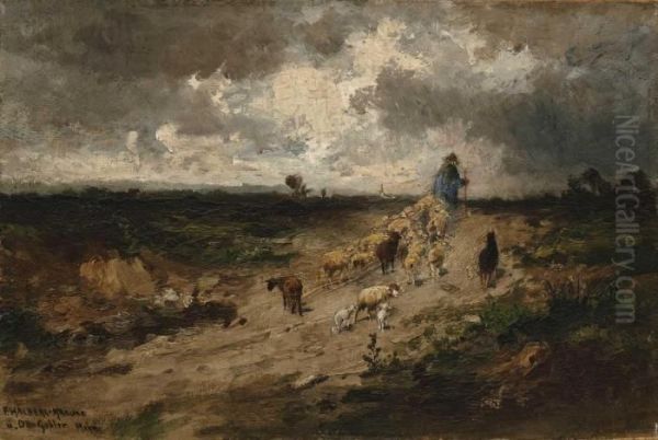 Schafer Mit Herde In Gewittriger Landschaft Oil Painting by Fritz Halberg-Krauss