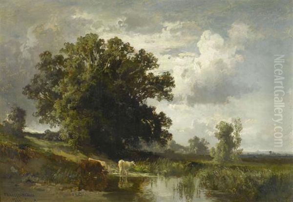 Dachau Landscape With Cows At A River Bank Oil Painting by Fritz Halberg-Krauss