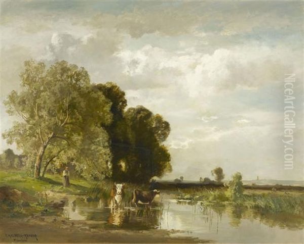 Dachau Landscape With Cows And A Figure Oil Painting by Fritz Halberg-Krauss