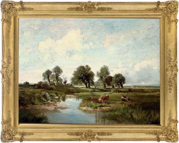 Cattle Grazing In An Extensive Landscape Oil Painting by Fritz Halberg-Krauss