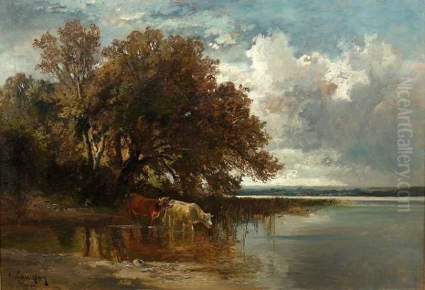 Kuhe Am Ufer Eines Sees. Oil Painting by Fritz Halberg-Krauss