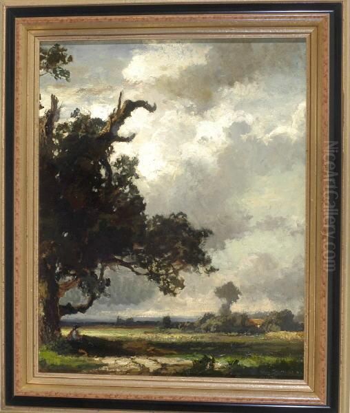 Wolkenstimmung Uber Weiter 
Landschaft Mit Einem Rastenden Wanderer Unter Einem Grosen Baum Links Im
 Vordergrund Oil Painting by Fritz Halberg-Krauss