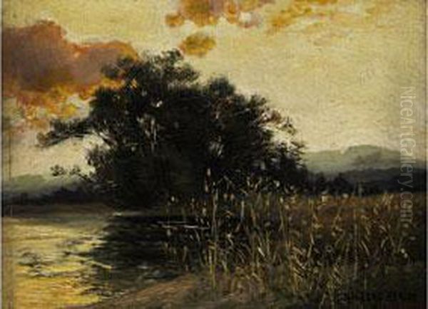 Abendstimmung Am Seeufer Oil Painting by Fritz Halberg-Krauss