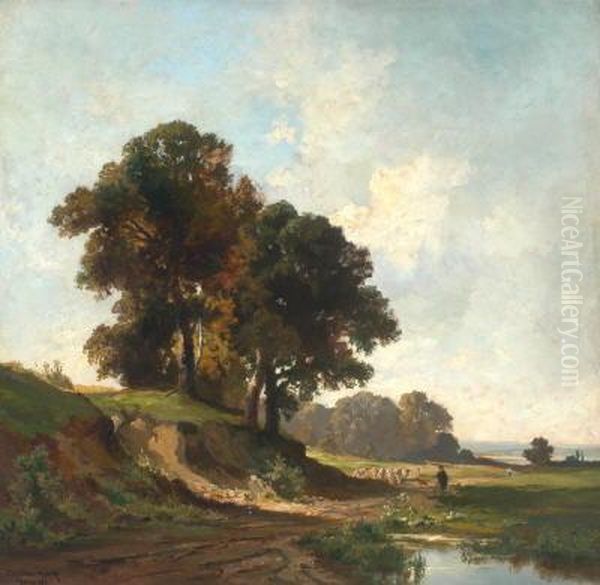 Schafer Mit Seiner Herde Auf 
Einem Hohlweg In Bewaldeter Landschaft Mit Blick Zum Ammersee Oil Painting by Fritz Halberg-Krauss