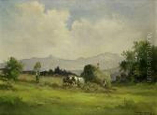 Bergbauern Bei Der Heuernte In Den Voralpen Oil Painting by Fritz Halberg-Krauss