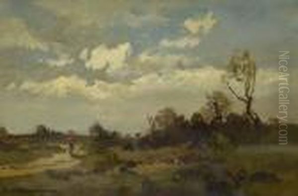 Moorlandschaft Mit Wanderer. Oil Painting by Fritz Halberg-Krauss