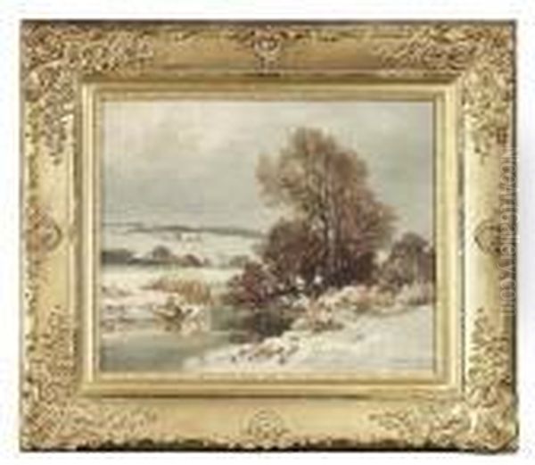 Wintry Landscape With A Brook In
 The Foreground. Oil/canvas, Signed , Inscribed 