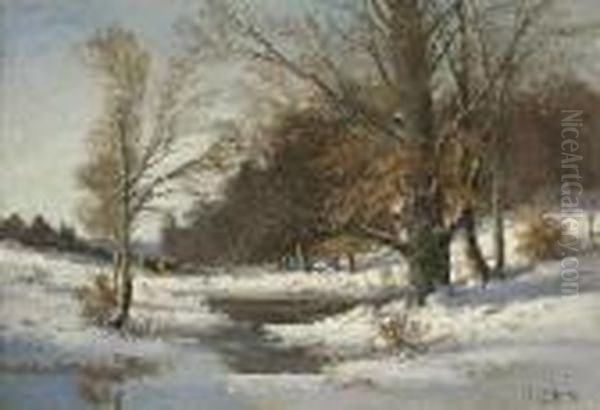 Bauer Mit Ochsengespann In
 Winterlicher Waldlandschaft. Oil Painting by Fritz Halberg-Krauss