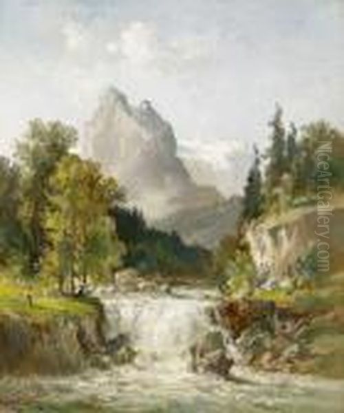 Zwei Hirtenkinder An Einem Wasserfall Im Gebirge. Oil Painting by Fritz Halberg-Krauss