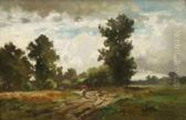 Sommerliche Baumlandschaft Mit
 Spaziergangerin. Oil Painting by Fritz Halberg-Krauss