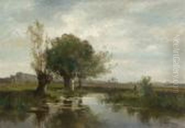 Angler Am Weiher. Oil Painting by Fritz Halberg-Krauss