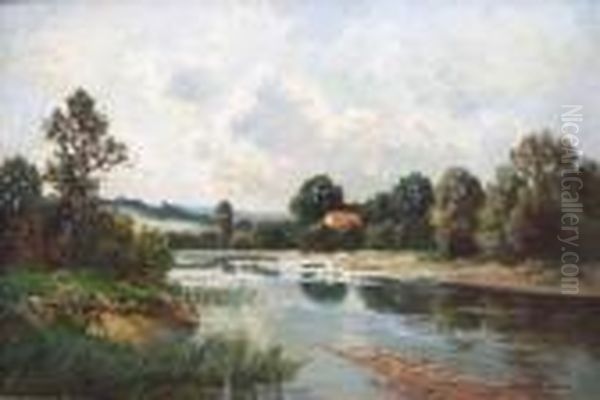 Baumbestandene Fluslandschaft Mit Kleinem Haus (isarauen ?) Oil Painting by Fritz Halberg-Krauss