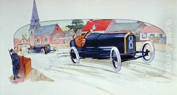 A Peugeot Racing Car in the Grand Prix de France of 1911 1913 Oil Painting by Marguerite (Gamy) Montaut