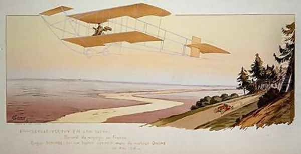 Roger Sommer 1877-1965 flying a record distance in his Sommer Biplane from Charleville to Verdun May 1910 Oil Painting by Marguerite (Gamy) Montaut