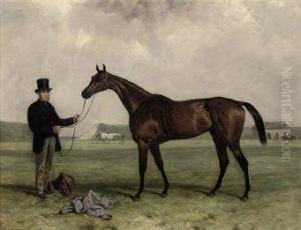 Gamester, Winner Of The 1859 
Doncaster And Newmarket St. Legers,held By A Groom, At Newmarket Oil Painting by Harry Hall