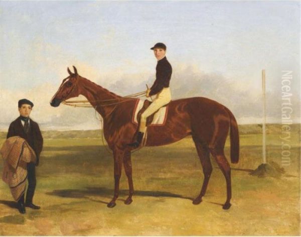 A Bay Racehorse With Jockey Up Oil Painting by Harry Hall