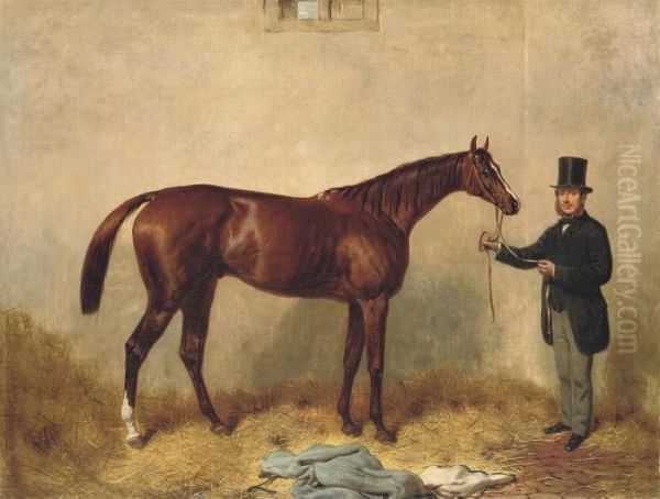 Loiterer, Held By A Trainer In A Stable Oil Painting by Harry Hall